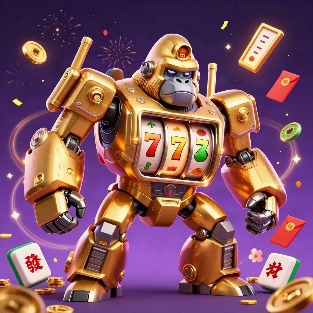 Gorila mech emas dengan pilot monyet, simbol slot, lampion, koin giok, dan efek jackpot mewah.