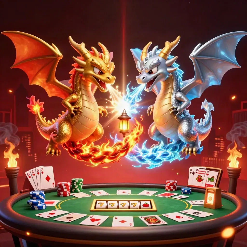 Naga kembar emas dan perak terbang, dikelilingi kartu, chip, dan kilau jackpot.
