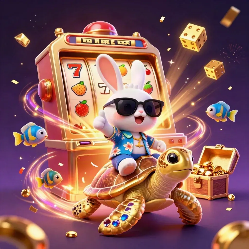 Kelinci kartun di atas kura-kura emas, dikelilingi simbol slot dan emas meledak.