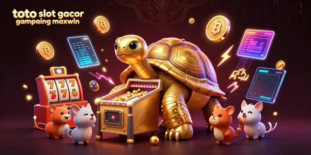 Permainan toto slot gacor gampang maxwin menampilkan penyu emas kolosal dengan mesin pinball dan simbol keberuntungan.