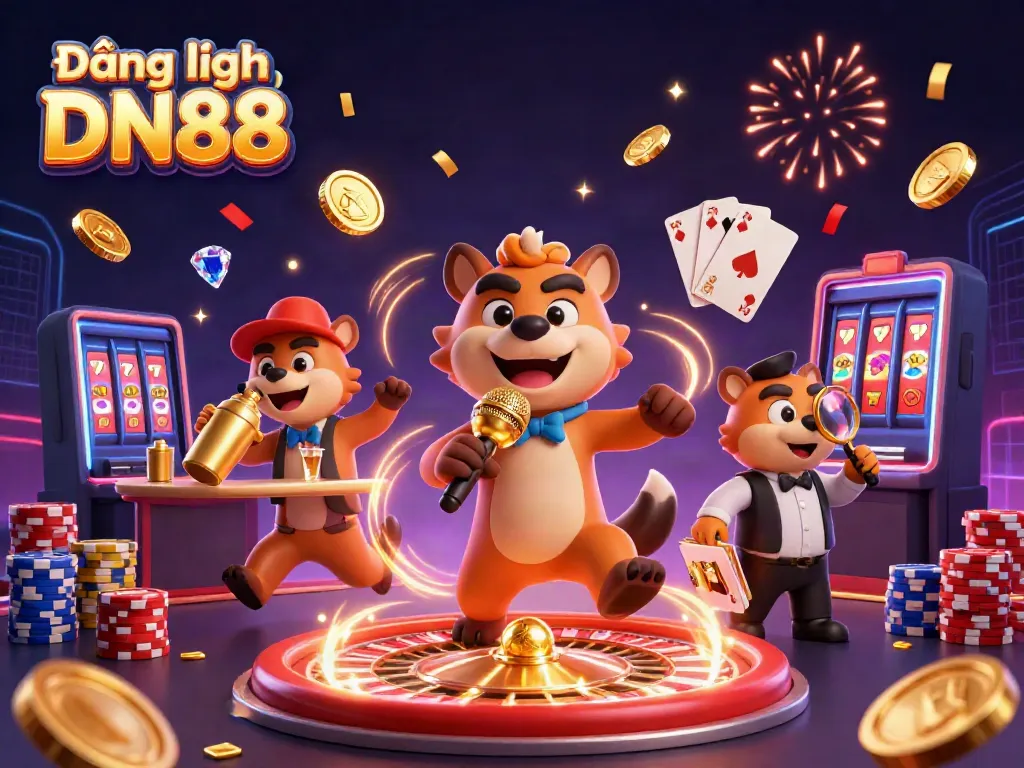 Engage with Đăng nhập DN88 at a vibrant casino scene showcasing hyenas and exciting gaming elements