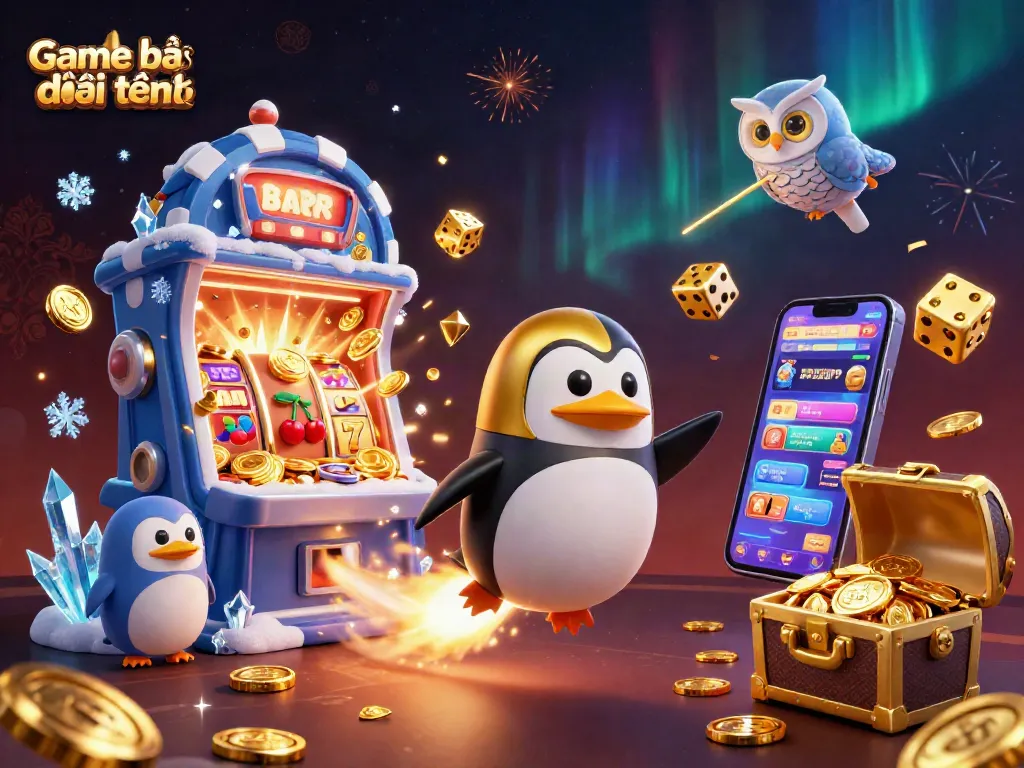 Engage with Game bài đổi thưởng featuring a vibrant scene of a penguin in a casino universe.