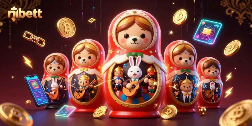 Casino gaming fun with nbett's vibrant 3D illustration of bears and crypto elements.