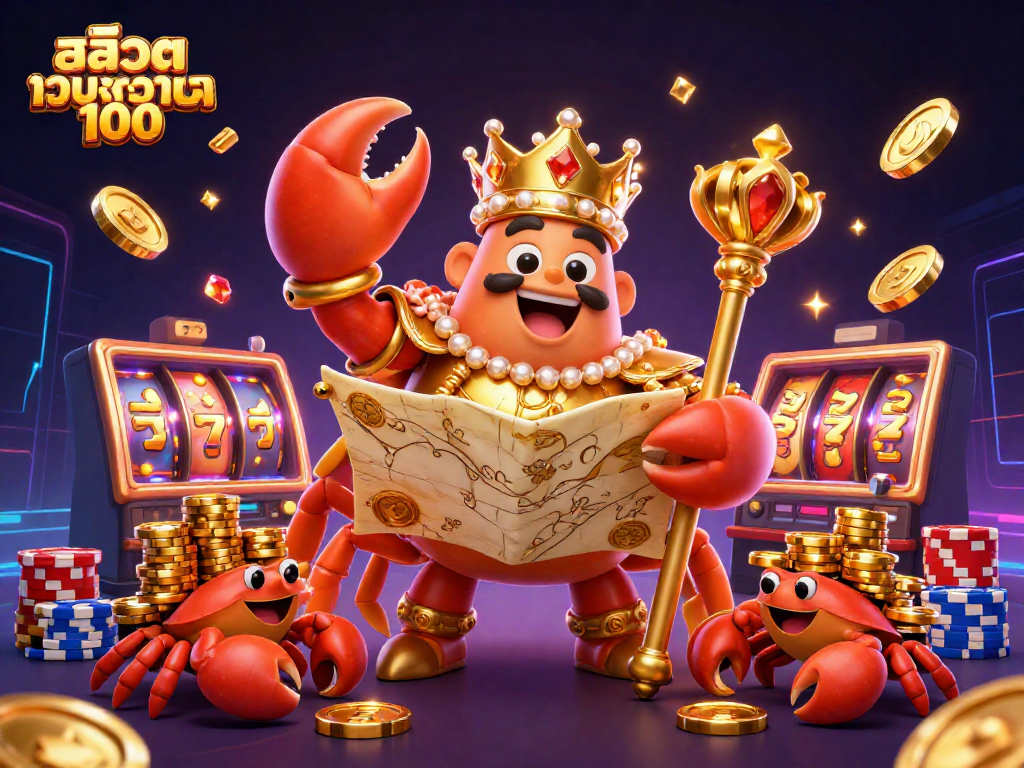 Engage with สล็อตเว็บตรง100 in thrilling slot games featuring golden crab emperor surrounded by jewels and poker chips.