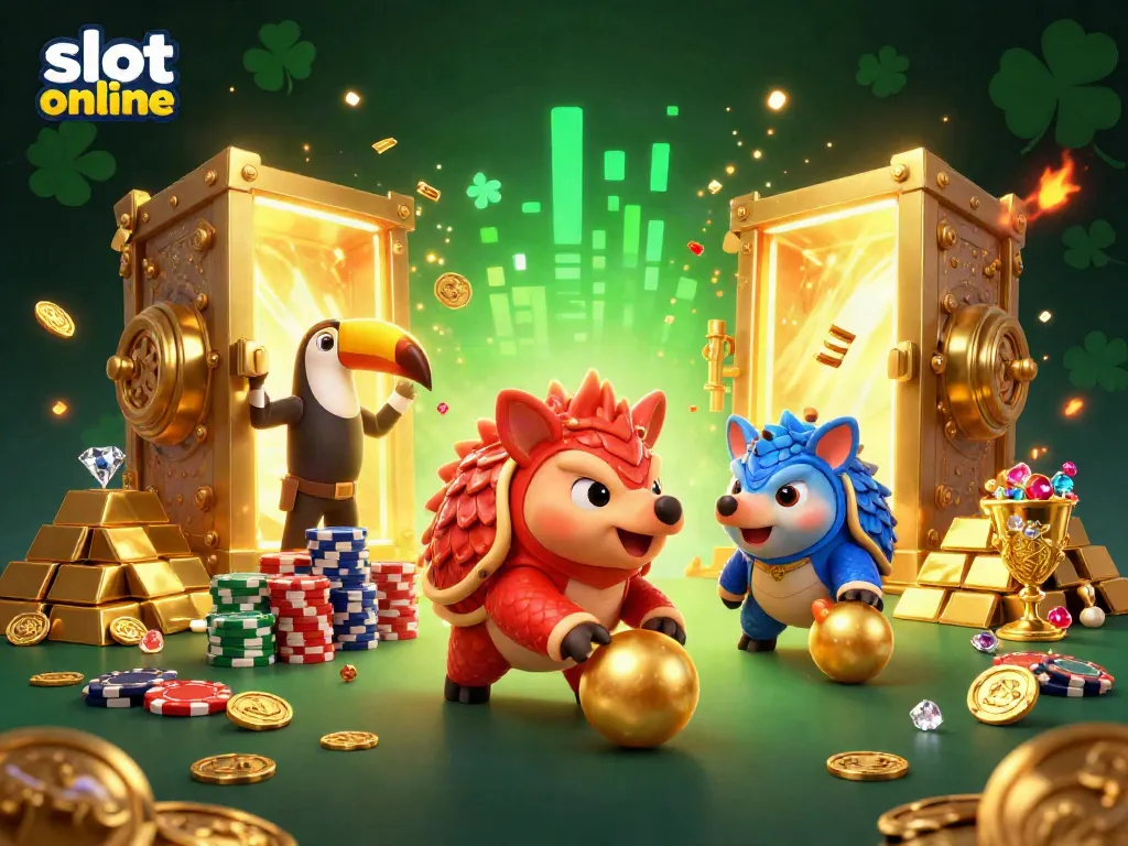 Engage in thrilling slot online action with dynamic pangolin characters and sparkling gold elements.
