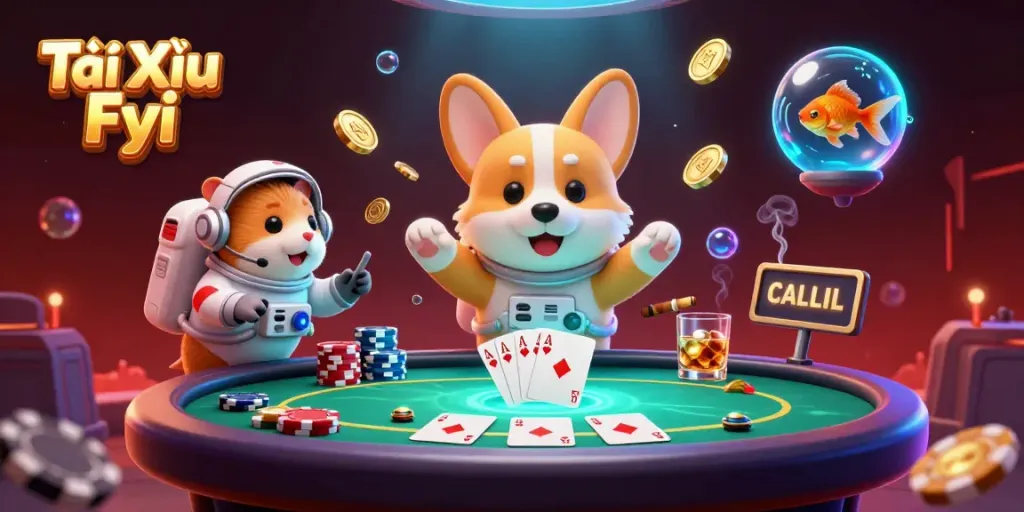 Tài Xỉu Fyi showcases a lively casino scene with a cartoon astronaut corgi and friends amid poker chips.