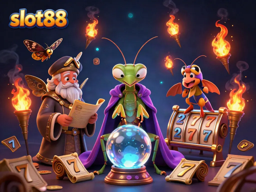 Engage with slot88's thrilling world through a dynamic illustration featuring a fortune teller and enchanted elements.