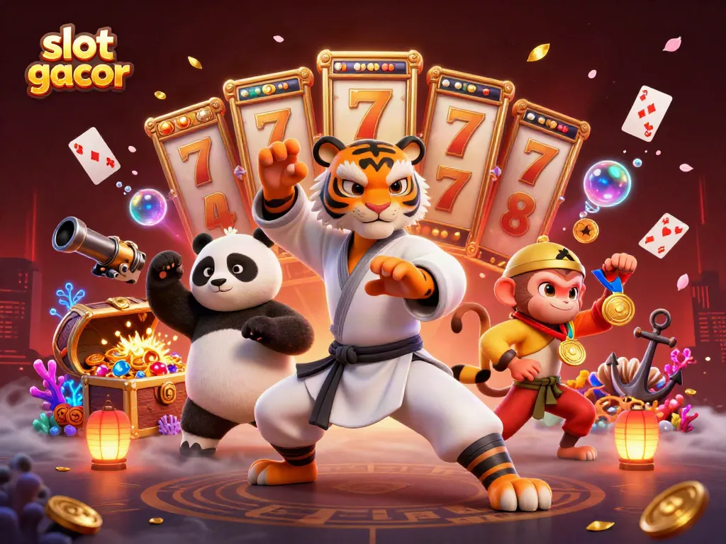 Permainan slot gacor menyajikan jackpot dalam ilustrasi dengan harimau kung fu dan teman-temannya.
