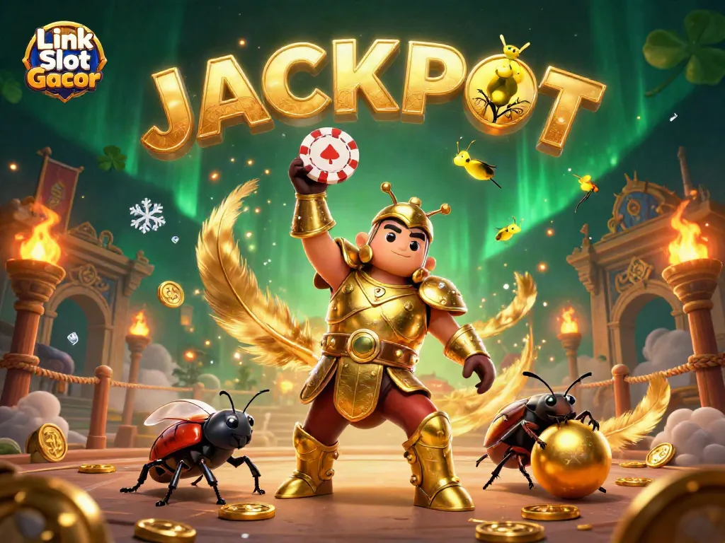Raih kemenangan besar di Link Slot Gacor dengan ilustrasi keberuntungan dari serangga dan jackpot yang bersinar.