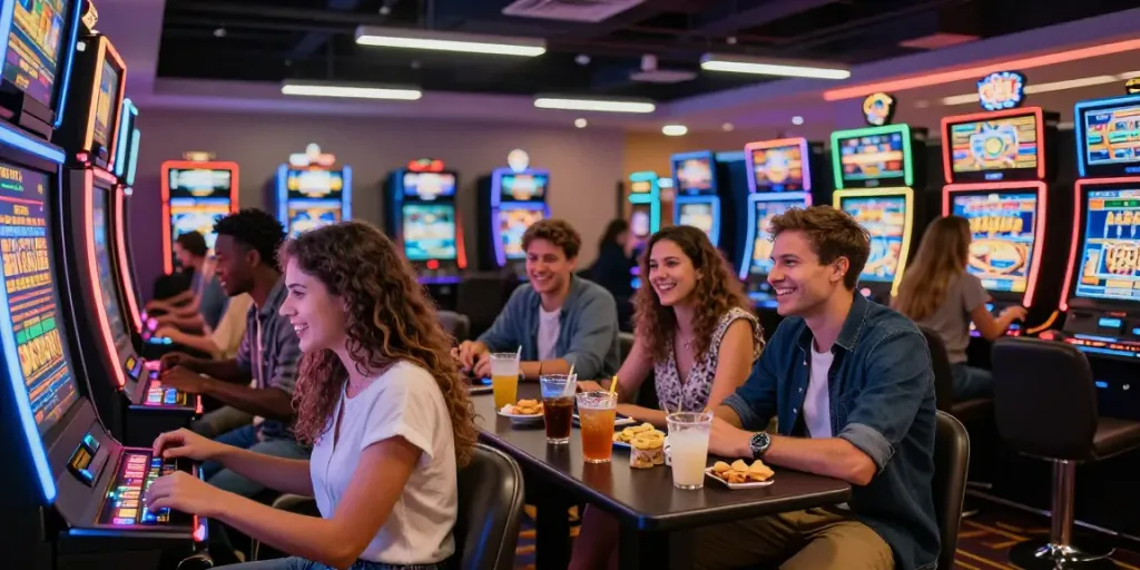 Geng teman bermain di mesin slot di betslots88, suasana kasino yang cerah dan penuh warna.