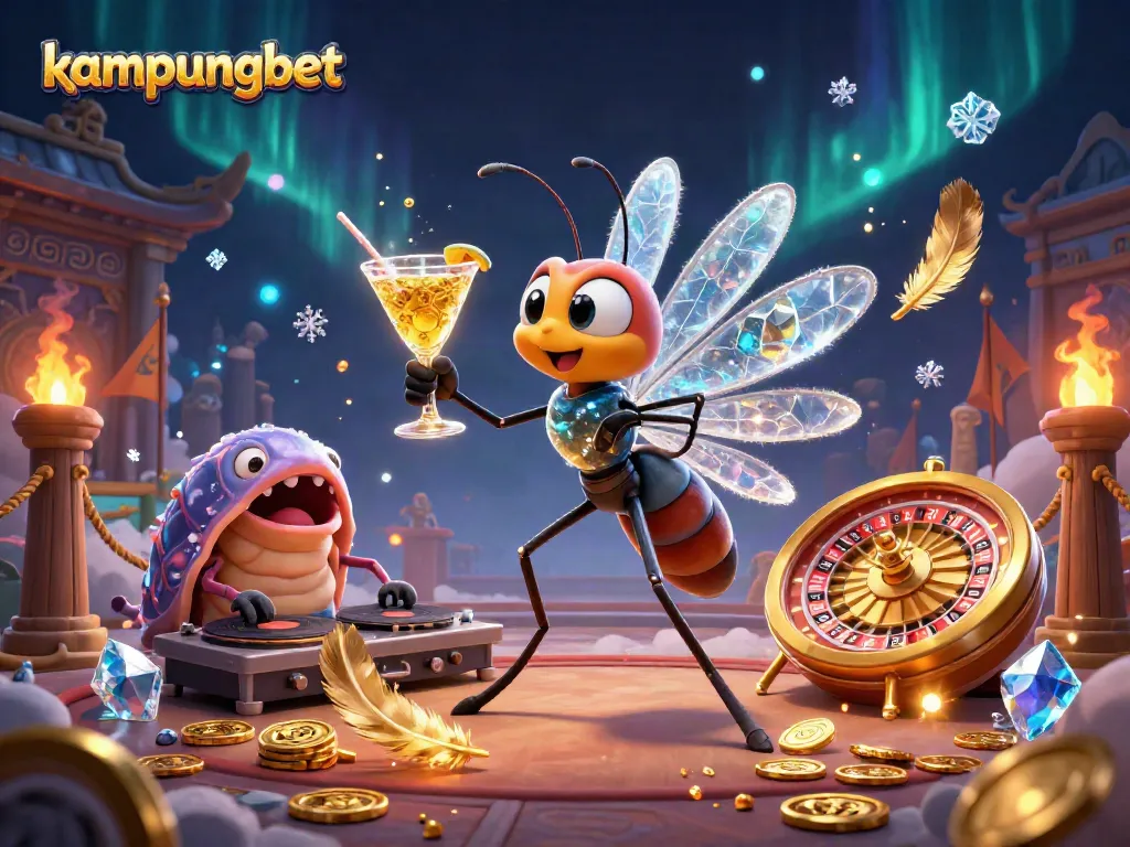 Kampungbet showcases a vibrant casino scene with a mosquito mascot, trilobite DJ, and golden roulette wheel.