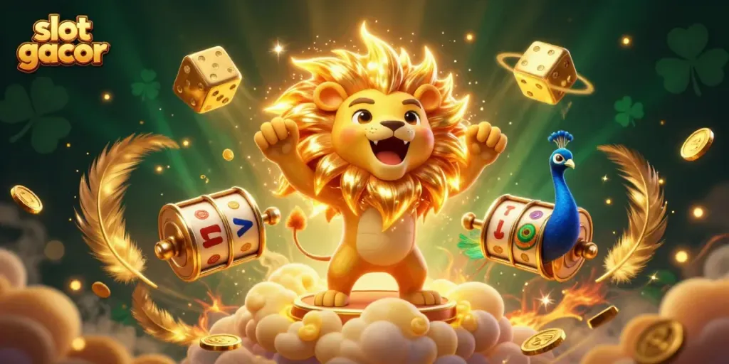 Menangkan jackpot di slot gacor dengan ilustrasi mengesankan dari singa matahari dan simbol keberuntungan.