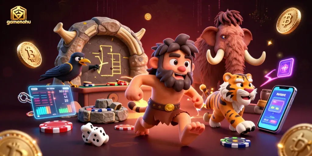 Play with gamenohu's prehistoric casino featuring a cartoon caveman duo and digital crypto elements.