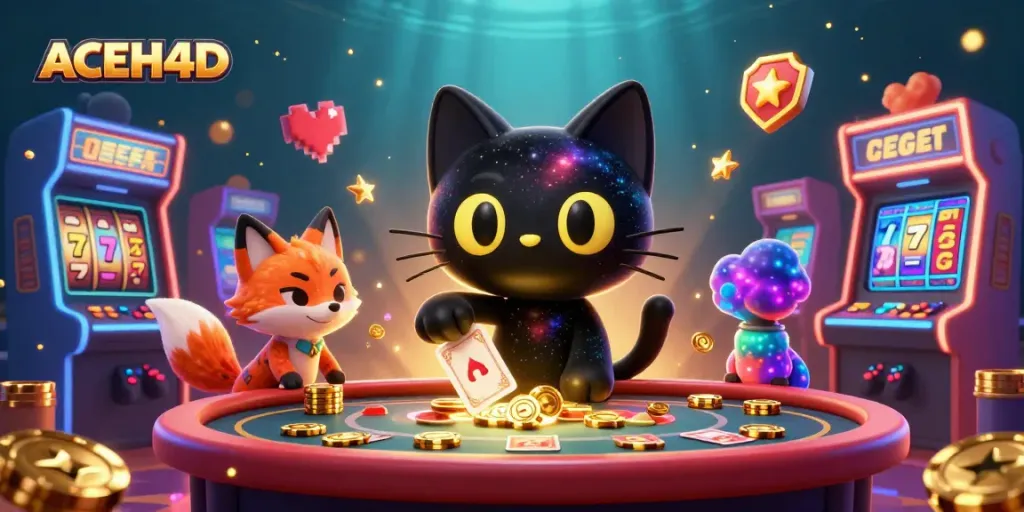 Experience thrilling gameplay at ACEH4D's cosmic casino with a black hole cat and colorful companions.