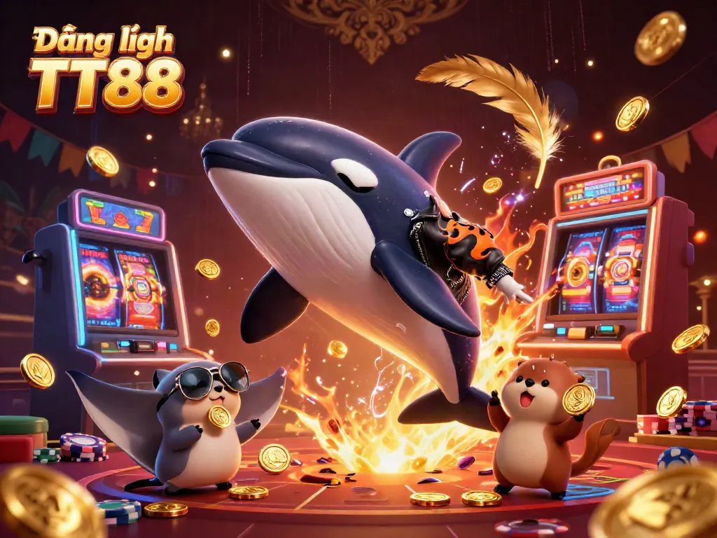 Engaging Đăng nhập TT88 illustration featuring an orca, stingray, and otters in a vibrant casino setting.