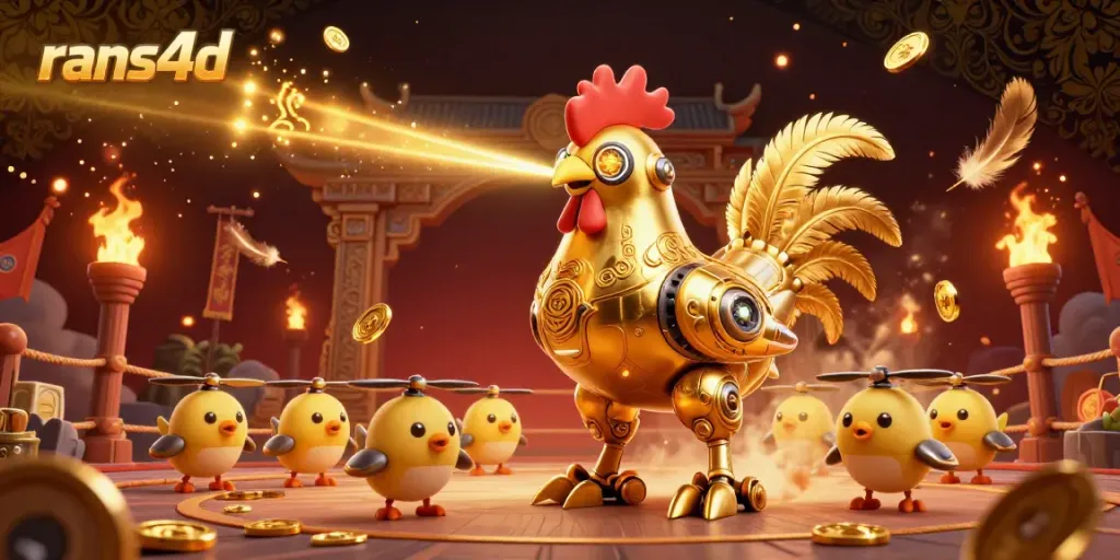 Rans4d menampilkan ilustrasi robot ayam emas futuristik di arena taruhan, menghasilkan atmosfer dramatis untuk pemain.