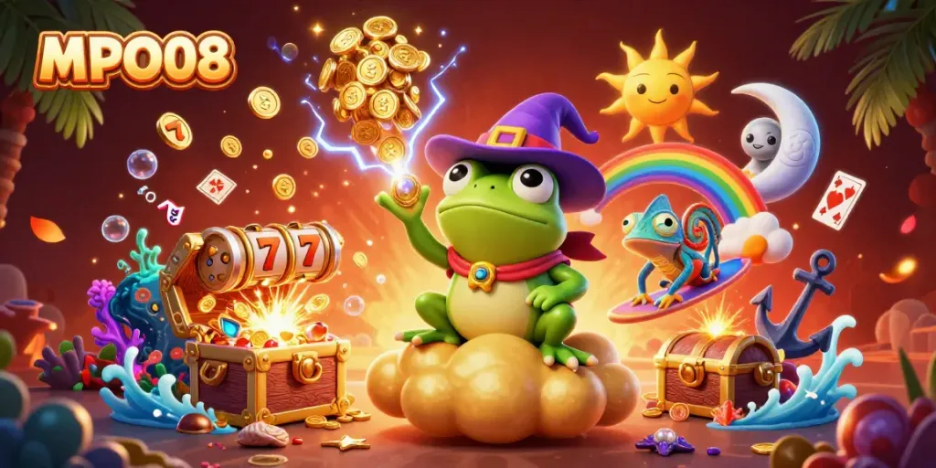 Experience excitement with MPO08 as a wizard frog creates coins amidst a vibrant casino scene.