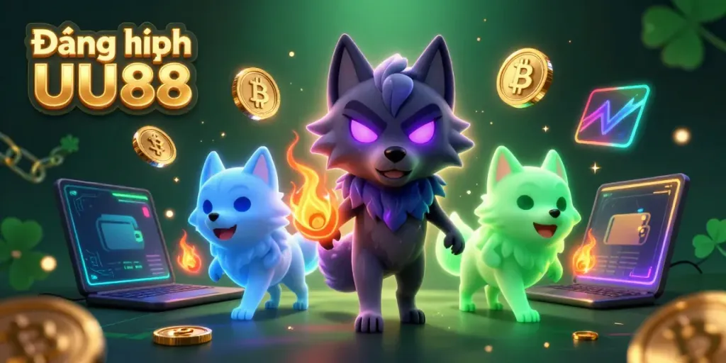 Access your account quickly with Đăng nhập UU88, a vibrant casino scene featuring animated characters and cryptocurrency elements.