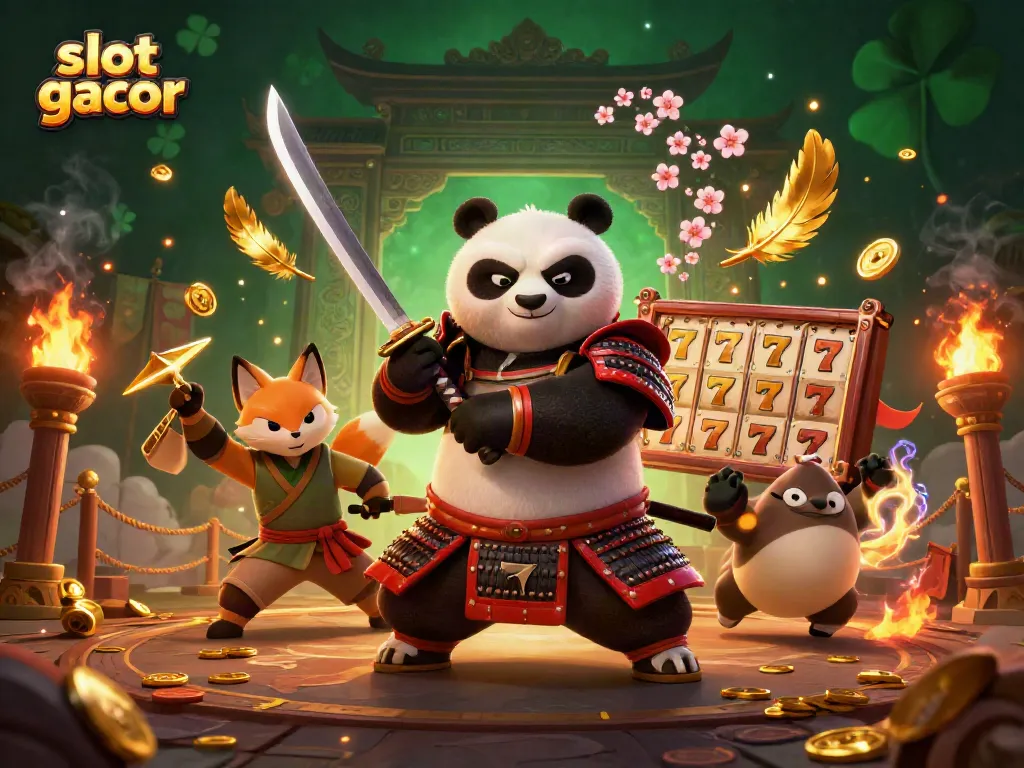 Experience thrilling luck with slot gacor in an epic scene featuring a samurai panda and ninja fox.