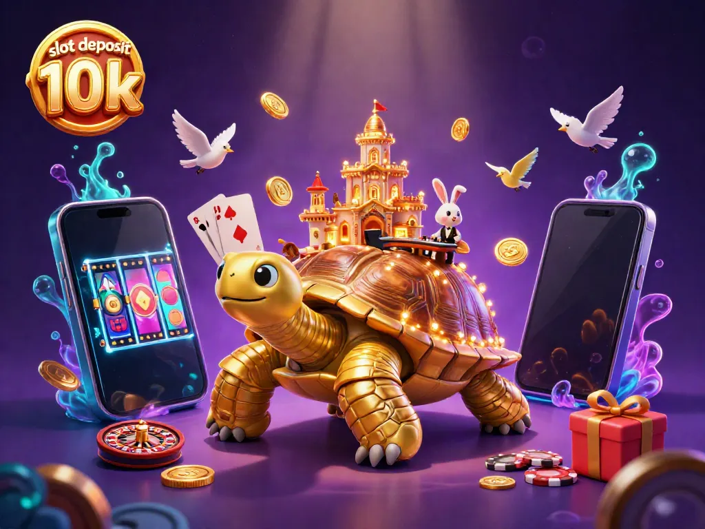 Visual menarik slot deposit 10k dengan penyu emas, dealer kelinci, dan koin berterbangan.