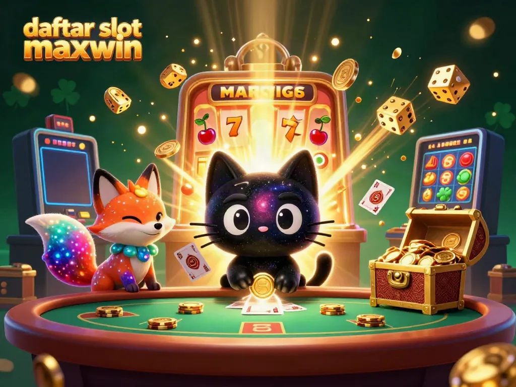 Experience the excitement of daftar slot maxwin with a cosmic casino illustration of a black hole cat and a nebula fox.