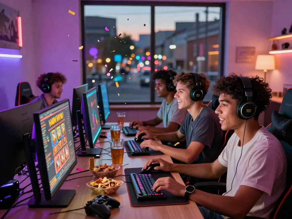 Exciting gaming scene with friends playing slot games together, showcasing a vibrant gaming environment.