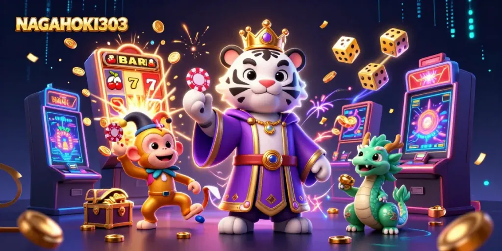 NAGAHOKI303 showcases a vibrant casino scene with dynamic characters and a jackpot explosion.