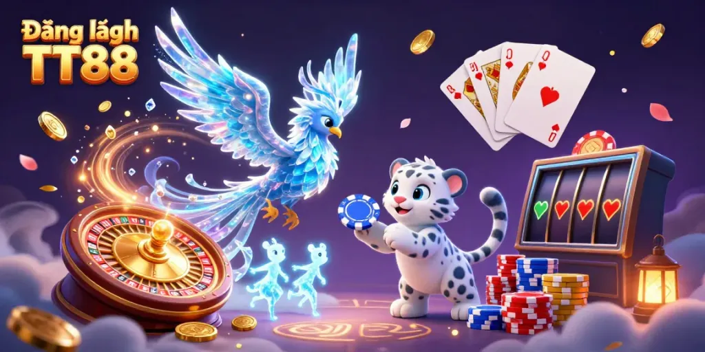 Engage with Đăng nhập TT88 in a colorful casino world featuring an ice phoenix and poker elements.