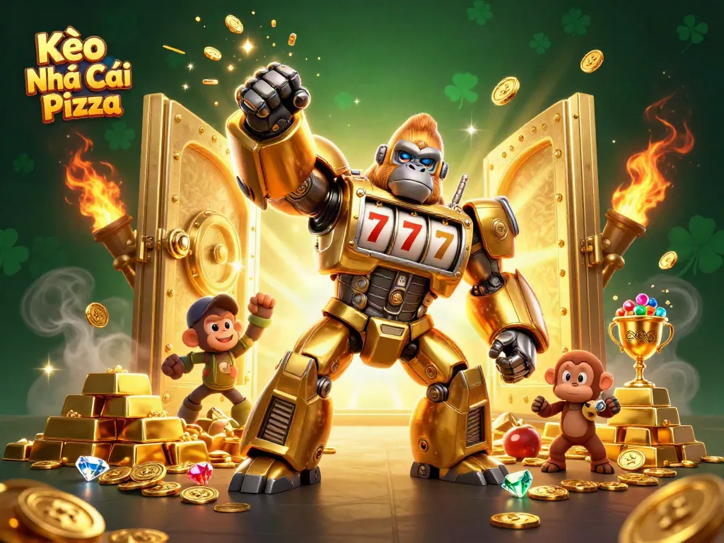 Kèo Nhà Cái Pizza showcases a golden gorilla mech with slot parts surrounded by riches.