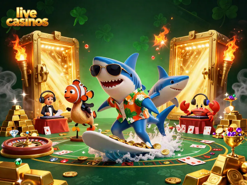 Experience live casinos excitement with a cartoon shark surfing gold coins among roulette and playing cards.